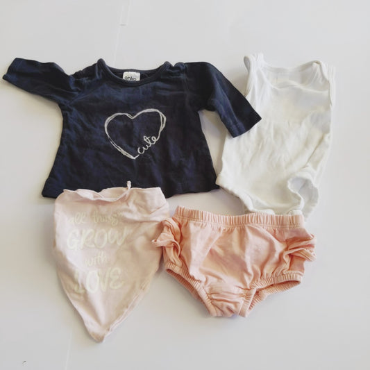 4 piece newborn girls bundle - shirt onesie bloomers bib - size 0000