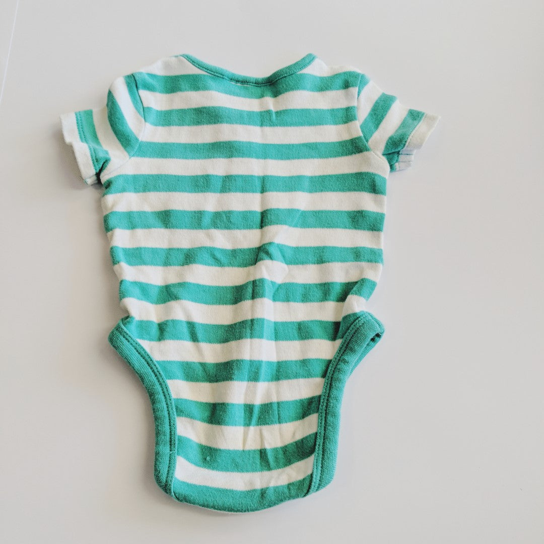 Green and white stripey bodysuit with grey pocket - size 000