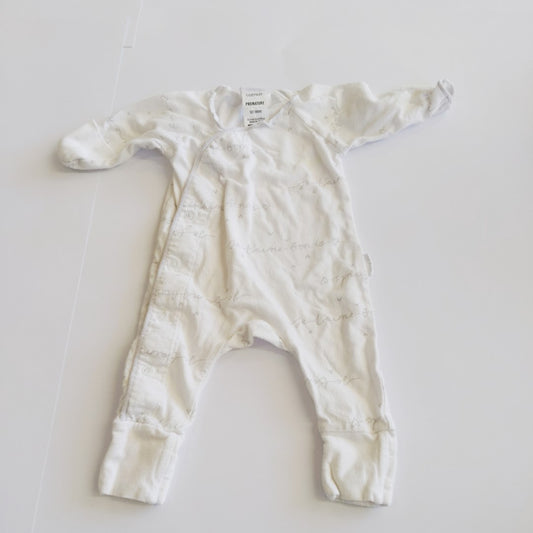 White Bonds cozysuit onesie - FRAYING ON NECK HEM - size 00000