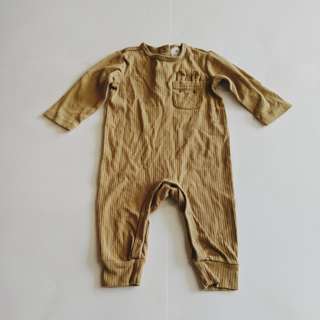 Brown ribbed footless onesie with bunny pocket - size 00