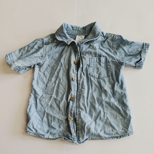 Denim button up collared shirt with palm tree print - size 1