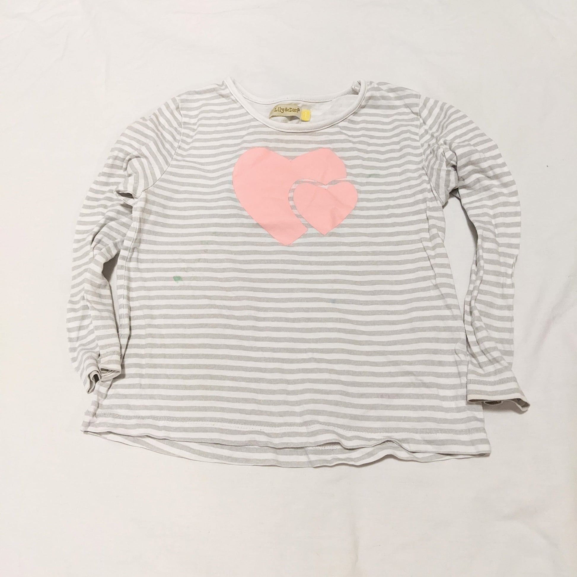 Grey stripey long sleeved T-shirt with pink hearts - size 4