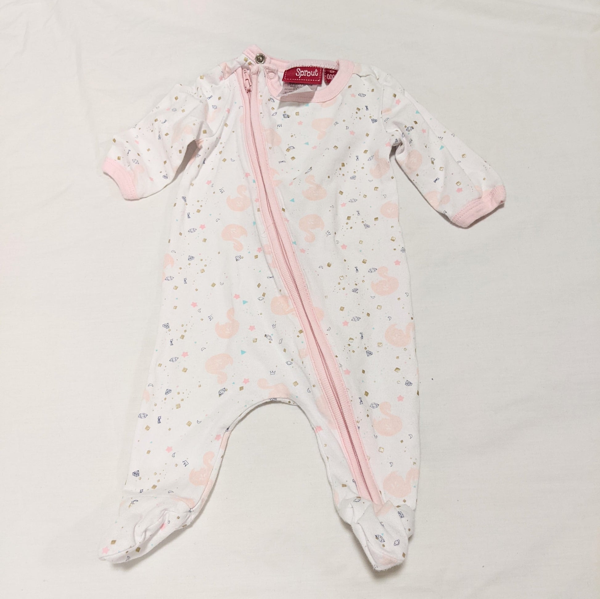 Light pink swan pattern footed onesie - size 0000