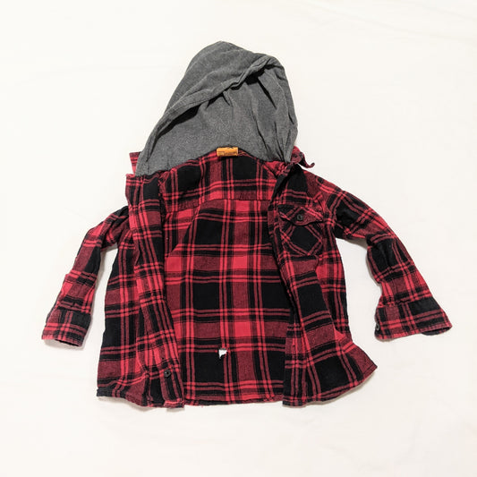 Red and black flannelette shirt with grey hood - HOLE - size 3